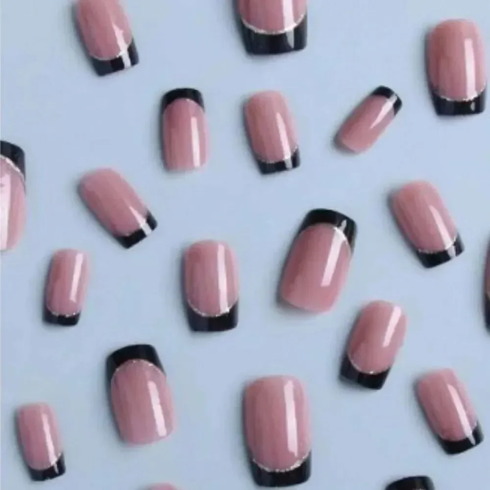 3for$20 set 24pcs Long Square Black French Glitter Style Fake Nail,nail file